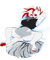 2017 anthro big_breasts blue_eyes breasts clothing digital_media_(artwork) ear_piercing female fur furry furry_only hair hyena lying mammal navel neck_tuft on_back paws piercing pussy red_hair shirt simple_background solo spread_legs spreading stripes tail topwear tuft vendetta_(theyeenqueen) white_fur white_hair yogoat