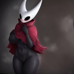 ai ai_art ai_assisted ai_generated big_breasts black_body black_nipples black_skin breasts female genitals hi_res hollow_knight hollow_knight:_silksong hornet_(hollow_knight) humanoid insects navel nipples nude nude_female outerwear pussy shy solo solo_female thick_thighs