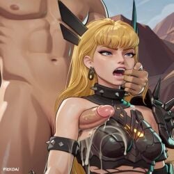 ai_generated animated armlet armor armpit_fetish armpit_sex bangs blonde_hair breastplate clothed_female_nude_male continue_after_cum crop_top cum cumdrip earrings expressionless female finger_in_another's_mouth headgear illyana_rasputin long_hair magik_(illyana_rasputin) male marvel marvel_comics marvel_rivals mouth_pull open_mouth penis pitxoai saliva saliva_drip saliva_trail shoulder_armor tagme video watermark