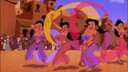 5girls aladdin arabian arabian_clothes areolae bimbo black_hair breasts cleavage closed_eyes crowd curvy dancing dark-skinned_female dark_skin disney earrings edit erect_nipples exhibitionism female harem_girls harem_girls_(aladdin) harem_outfit hourglass_figure huge_breasts legs lipstick long_hair multiple_girls nipples no_bra no_panties poivoit public pussy screenshot screenshot_edit see-through see-through_bottom see-through_clothing see-through_top shadow sirwal smile tagme teeth