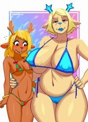 2girls absurd_res anthro antlers big_breasts bikini blonde_hair blush bracelet breast_envy breast_size_difference breasts breasts_bigger_than_head breasts_difference brown_body brown_fur buckteeth camel_toe cameltoe carol_holiday clothed clothing colorless curvy_figure daughter deer deltarune desertkaiju duo enormous_breasts envy eyebrows female fingers fur grayscale hair hi_res horn huge_breasts incest jewelry lipstick looking_at_breasts looking_at_viewer makeup mammal mature_anthro mature_female medium_hair mother mother_and_daughter mother_daughter_boob_envy_(meme) motion_lines nasojugal_grooves navel new_world_deer nipple_outline no_color noelle_holiday pick_one plain_background reindeer sfw smiling smiling_at_viewer standing swimwear tan_body tan_fur teeth thick_thighs two-piece_swimsuit undertale_(series) voluptuous white_background wide_hips