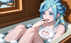 1boy ai_generated bath bathing bathroom bathtub blue_eyes blue_nails bra bubble_bath bubbles bulge cabin cat_cutout femboy grusha_(pokemon) happy laugh laughing lingerie male nail_polish nails_painted otoko_no_ko pokemon thighs water