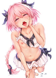 astolfo_(fate) black_bow blush bow braid erection fate/apocrypha fate/grand_order fate_(series) femboy gay hair_ribbon ken-1 male male_focus male_only navel nipples open_mouth pink_hair purple_eyes ribbon single_braid swimsuit tongue tongue_out trap two_piece yaoi