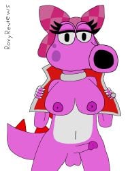 accessory anthro balls belly birdo birdo_(character) bow_ribbon breasts choker clothing eyelashes eyeliner female flashing flashing_breasts gem genitals gynomorph hair_accessory hair_ribbon hairbow hi_res intersex jacket jewelry makeup mario_(series) mario_kart_world navel necklace nintendo nipples penis plaid ribbons ring ring_on_finger roxyreviews solo spikes tail topwear trans_(lore) trans_woman_(lore) white_belly