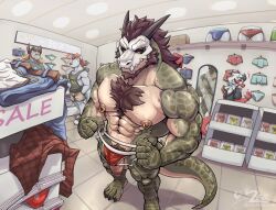ankou_(ankouno) anthro beard big_muscles big_pecs big_penis black_sclera body_hair bone bone_mask bottomwear brown_hair chest_hair chest_tuft clothing crocodilian denim denim_bottomwear denim_clothing facial_hair flaccid front_view genitals glans green_body group hair hi_res holding_clothing holding_object holding_underwear horn humanoid_genitalia humanoid_penis inside jeans male mask mirror muscles muscular muscular_anthro muscular_male nipple_piercing nipple_ring nipples nude pants pecs penis piercing pubes public public_nudity rear_view reflection reptile ring_piercing scalie skull skull_mask solo_focus spikes standing store surprised tail tuft underwear vein veiny_penis zeo_helvein