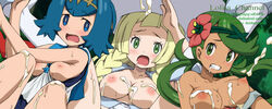 3girls areolae blonde_hair blue_hair blush breasts breasts_out clenched_teeth cum cum_on_body cum_on_breasts dark-skinned_female dark_skin drooling eyelashes female_only green_hair hat human lana_(pokemon) lillie_(pokemon) lolita_channel long_hair looking_at_viewer mallow_(pokemon) mob_face multiple_girls nintendo nipples open_mouth pokemon pokemon_sm rape saliva short_hair straight takahama text trial_captain