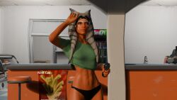 1girls 3d 3d_(artwork) ahsoka_tano arm_up crop_top looking_at_viewer matt_cat orange_skin panties star_wars togruta