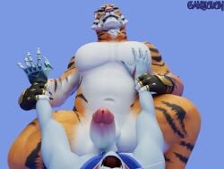 3d_(artwork) 5_fingers anthro asian_mythology balls barely_visible_balls barely_visible_genitalia blue_background camseven cowgirl_position cybernetic_hand cybernetics digital_media_(artwork) dominant dominant_bottom dominant_male duo east_asian_mythology epic_games fangs featureless_chest felid feline fingers fortnite from_front_position fur genitals hi_res humanoid_genitalia humanoid_penis japanese_mythology machine male male/male mammal multicolored_body multicolored_fur mythology navel nekomata nyanja_(fortnite) on_bottom on_top open_mouth orange_body orange_fur oscar_(fortnite) pantherine pecs penis power_bottom sex simple_background striped_body striped_fur stripes teeth tiger whiskers white_body white_fur wrist_grab yokai