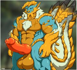 abs anthro arm_spikes balls bara big_balls big_penis big_tail blue_body blue_eyes blue_scales bodily_fluids burn_marks burnt_fur capcom chest_tuft chin_spikes claws cum cum_drip dripping facial_scar facial_spikes fan_character fanged_wyvern fur genital_fluids genitals gold_scales hi_res horn knot knotted_penis long_ears looking_at_viewer male male_only mature_anthro mature_male monster_hunter multicolored_body multicolored_scales muscular muscular_anthro muscular_male neck_tuft pec_scar penis precum precum_drip pupils scales scar scars_all_over sharp_teeth shoulder_spikes slit_pupils smile snout snout_scar solo solo_male spiked_tail spikes spikes_(anatomy) story story_in_description tail teeth thick_thighs throbbing throbbing_penis tridark tuft white_body white_fur yellow_body yellow_scales zinogre