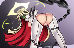 adapted_costume anus_peek arm_strap ass backless_pants ball_and_chain_restraint bent_over blonde_hair breasts breasts_out chains female from_behind glowing glowing_eyes glowing_mouth green_eyes guilty_gear guilty_gear_xrd halo jack-o'_valentine long_hair looking_at_viewer looking_back mask medium_breasts multicolored_hair nipples no_panties one_eye_closed pants pussy red_hair reeceyd3 solo straight_hair two-tone_hair uncensored very_long_hair