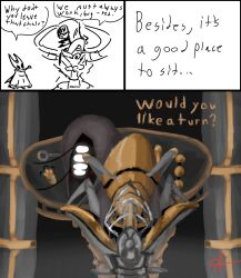 bug chair comic dildo dildo_sitting female hollow_knight hollow_knight:_silksong hollow_knight_(franchise) hornet_(hollow_knight) robot robot_girl sitting_on_chair sitting_on_dildo team_cherry twelfth_architect