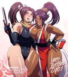 2girls absurdres arm_around_another's_shoulder ass bare_shoulders big_breasts black_leotard bleach breasts brown_eyes brown_hair cleavage collarbone cosplay costume_switch dark-skinned_female dark_skin dated fatal_fury female female_only folding_fan hair_ornament hand_on_own_hip happy_birthday highres huge_breasts king_of_fighters large_breasts leotard long_hair mai_shiranui mai_shiranui_(cosplay) multiple_girls nakamanga outfit_swap parted_bangs ponytail purple_hair shihouin_yoruichi shihouin_yoruichi_(cosplay) shiny_skin sideboob snk standing thighs yellow_eyes