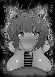 1boy 1girls :>= akekuri animal_ears arknights:_endfield big_penis black_and_white blush braid breasts censored detailed_background drooling eyelashes fellatio female googles hair_over_one_eye heart human indoor inside kneeling kurotama looking_at_viewer male male_pov nipples no oral oral_sex penis pov room saliva shiny shiny_skin short_hair sketch sound_effects squatting sweat text tongue_out vein veins veiny veiny_penis