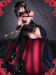 big_breasts black_dress black_hair breasts dress eletsy female flower gold_jewelry high_heels red_eyes rose thick_thighs thighhighs thinking yor_briar