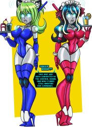 absurdres animal_ears antenna big_breasts breasts cat_girl expressionless female female_only fembot femsub glowing glowing_eyes green_hair kani_hyouka_(sleepy_kai) large_breasts long_hair luna_sapphirestar_(lunabunnylili) multicolored_hair original robot robot_girl robotization tech_control text waitress waitress_uniform zorro-zero