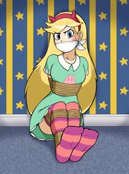 1girls angry arms_behind_back blonde_hair blue_eyes bondage bound brocken-dynamite cute disney face_mask facemask feet_focus full_body gag gagged hairband long_hair looking_at_viewer mouth_mask over_the_mouth_gag rope short_sleeves sitting socks solo star star_butterfly star_vs_the_forces_of_evil straight_hair striped_legwear sweatdrop thighhighs tied_up