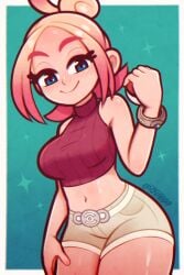 1girls blue_eyes blush breasts brown_shorts closed_mouth female female_only game_freak green_background highres holding looking_at_viewer medium_breasts midriff navel nintendo pink_hair pokemon pokemon_legends:_z-a red_sweater short_hair shorts sleeveless sleeveless_sweater smile solo sweater taunie_(pokemon) thighs townie_(pokemon) tsuvida turtleneck turtleneck_sweater twitter_username