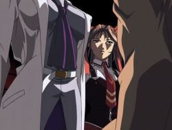 00s 1boy 2004 2girls animated anime_screenshot bible_black bible_black_new_testament blonde_hair breasts brown_hair crossed_arms earrings female formal_clothes hair_ornament jewelry lab_coat large_breasts lipstick long_hair makeup male miniskirt multiple_females multiple_girls oshima_takeshi purple_eyes saeki_kaori school_uniform shin_bible_black shirt skirt smile suit tagme toudou_yuki twintails