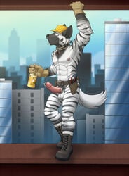 2017 abs anthro armor armpit_hair balls belt beverage biceps black_fur black_nose black_stripes boots bottle building city clothing collar day detailed_background facial_piercing footwear frenum_ladder frenum_piercing front_view full_body genital_piercing glans hard_hat helmet highres holding_bottle holding_object humanoid_penis hyena inner_ear_fluff lip_piercing looking_at_viewer male male_only mammal mostly_nude multicolored_fur muscles muscular_male nipple_piercing nipples nose_piercing nose_ring outdoors pecs penis penis_piercing piercing pink_nipples pink_penis portrait prince_albert_piercing pubic_hair raised_arm septum_piercing sky smile smirk solo standing stonecircle striped_fur striped_hyena stripes two_tone_fur utility_belt white_balls white_fur white_tail