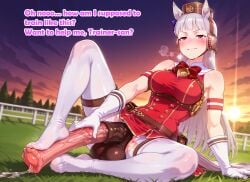 ai_assisted ai_generated animal_genitalia_on_humanoid autofootjob balls biting_lip blush dialogue equine_penis feet feet_on_penis female foot_fetish futanari gold_ship_(umamusume) horny horse_girl horsecock horsecock_futa horsecock_on_humanoid illustrious_(stable_diffusion) intersex inviting_to_sex large_penis laying_on_grass legs_apart pantyhose penis precum smug solo stable_diffusion umamusume umamusume_pretty_derby