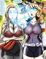 absurdres big_breasts blonde_hair breasts cleavage corruption dialogue female female_only femdom femsub fit fit_female game_freak huge_breasts hypnosis large_breasts large_lips litwick long_hair nintendo oleana_(pokemon) open_mouth pokemon pokemon_ss pokemon_sword_and_shield sonia_(pokemon) speech_bubble spiral_eyes symbol_in_eyes text wide_hips zorro-zero