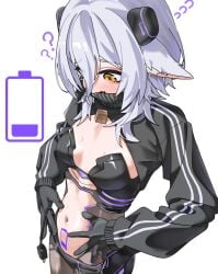 1girls android android_girl animal_ears battery_indicator blush breasts cleavage clothed cube cyberpunk embarrassed female flat_chest gurumie henya_the_genius indie_virtual_youtuber lavender_hair midriff petite purple_hair sexually_suggestive short_hair small_breasts suggestive sweat tummy turtleneck virtual_youtuber vtuber yellow_eyes
