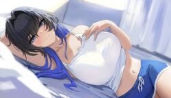 big_breasts blue_black_hair blush crop_top curvy hand_on_breast hololive hololive_english large_breasts long_hair lying_on_side navel ouro_kronii tummy virtual_youtuber vtuber yoellim5