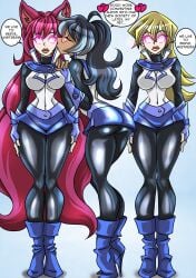 absurdres alexis_rhodes anno_(anno) black_hair blonde_hair breasts dark_skin empty_eyes expressionless female female_only femdom femsub fox_ears fox_girl fox_tail glasses glowing glowing_eyes hypnosis kitsune_girl large_breasts latex long_hair looking_at_viewer multicolored_hair original red_hair sin_luxuria_(saibot) standing standing_at_attention tail text yu-gi-oh! yu-gi-oh!_gx zorro-zero