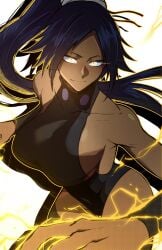 1girls 2025 2d 2d_(artwork) aura bare_shoulders black_hair black_leotard bleach breasts cowboy_shot dark-skinned_female dark_skin electricity energy eye_trail female female_only glowing glowing_eyes high_ponytail highres large_breasts leotard light_trail long_hair looking_at_viewer ponytail questionable sfw shihouin_yoruichi sideboob simple_background solo solo_female superpowers thatamaan very_long_hair white_background yellow_eyes