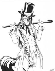 2010 4_fingers anthro balls biped black_and_white bow_tie cane clothed clothing coat equine front_view fur gnaw hair hat hi_res humanoid_penis long_hair looking_at_viewer male male_only mammal monochrome open_pants pants penis portrait signature smile snout solo standing striped_fur stripes stripes_(character) suspenders three-quarter_portrait top_hat traditional_media_(artwork) vein veiny_penis zebra