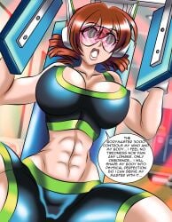 abs absurdres big_breasts bike_shorts breasts brown_hair cleavage connie_(kani-e) curly_hair dialogue drill_hair exercise expressionless female female_only femsub fit fit_female fitnosis flexing green_eyes gym huge_breasts hypnosis large_breasts large_lips midriff muscles muscular open_mouth original short_hair sitting solo spiral_eyes sports_bra symbol_in_eyes tech_control text tinted_eyewear visor wide_hips working_out workout workout_clothes zorro-zero