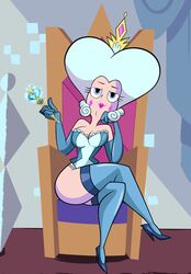 1girls 2017 blue_eyes blue_hair breasts cleavage corset crown disney elbow_gloves female female_only grimphantom half-closed_eyes high_heels lingerie looking_at_viewer milf moon_butterfly queen royalty sitting smile solo star_vs_the_forces_of_evil stockings throne wand