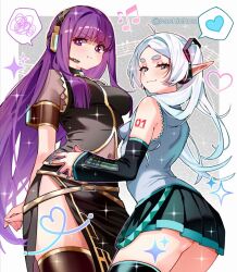 2girls :t aqua_nails arm_tattoo beamed_eighth_notes black_dress black_skirt black_sleeves black_thighhighs blunt_bangs blush border breasts closed_mouth commentary cosplay detached_sleeves dress eighth_note elf english_commentary female female_only fern_(sousou_no_frieren) fingernails frieren green_eyes grey_hair grey_shirt hand_on_another's_hip hatsune_miku_(cosplay) headphones headset heart height_difference highres long_hair long_pointy_ears looking_at_viewer megurine_luka megurine_luka_(cosplay) microphone miniskirt multiple_females multiple_girls musical_note nail_polish navel number_tattoo outside_border parted_bangs pleated_skirt pointy_ears pout purple_eyes purple_hair sachichuu shirt short_eyebrows side_slit skirt sleeveless sleeveless_shirt small_breasts smile sousou_no_frieren spoken_heart spoken_squiggle squiggle standing tattoo thick_eyebrows thighhighs twitter_username underbutt v-shaped_eyebrows very_long_hair vocaloid white_border