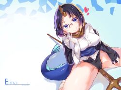 black_hair black_jacket black_leotard blue_eyes blush breasts buttons cameltoe character_name closed_mouth clothing cui_pi_cha_tu dragon_girl dragon_horns dragon_tail dress_shirt elbow_gloves elma_(dragon_maid) eyewear female glasses gloves gradient gradient_hair hand_on_own_cheek hand_on_own_face hand_up heart high_resolution highleg highleg_leotard horn horns jacket large_breasts leotard leotard_under_clothes long_sleeves looking_at_viewer miss_kobayashi's_dragon_maid monster_girl multicolored_hair photoshop_(medium) purple_hair sash scarf shirt short_hair single_glove single_horn sitting sleeves_past_wrists slit_pupils smile solo spread_legs staff tail twitter_username username very_high_resolution white_gloves white_shirt