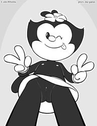 1girls 2017 4_fingers absurd_res animal_ears animaniacs anthro anthrofied black_and_white black_fur bottomless clothed clothing cub cute dot_warner female female_only flat_chested flower fur garabatoz gloves hair_flower hi_res inkblot looking_down mammal monochrome navel nipples no_panties no_underwear one_eye_closed plant pussy simple_background skirt smile solo solo_focus standing tail tongue tongue_out topless upskirt v vagina warner_brothers white_gloves wink young