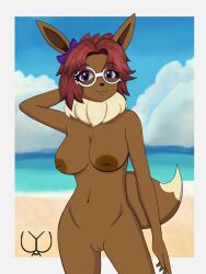 absurd_res anthro beach big_areola bow_accessory breasts brown_body brown_fur cel_shading ear_bow eevee female genitals hi_res inverted_nipples large_areolae maroon_hair neck_tuft nipples nude nude_anthro nude_female pinup pokemon_(species) pose purple_eyes pussy solo_female sunglasses sunglasses_on_face upyourarsenal vulva