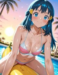 2025 4kids_entertainment ai_generated anime banana belly black_dot_eyes black_eyebrows blue_eyes_female blue_hair_female closed_mouth_smile dawn_(pokemon) deviantart female female_only looking_at_viewer miroku1867 nintendo pink_and_white_bikini pink_bikini pokemon pool_background pool_float red_blush red_blush_lines smile_at_viewer smiling_at_viewer sunset_background tummy wet_body wet_face wet_head white_bikini yellow_hairclip
