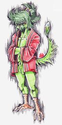 2015 angry animal_genitalia anthro athletic avian balls beak belly biped blue_feathers claws clothing colored_pencil_(artwork) crossed_arms feather_tuft feathers fluffy fluffy_tail frown fully_sheathed green_balls green_feathers green_hair hair hair_bun hi_res kemono korean_text leg_tuft lime_ade long_tail looking_away looking_up male messy_hair mostly_nude navel nevrean orange_eyes orange_feathers orange_skin outline robe ryonggay sheath signature simple_background solo standing tail_feathers talons text traditional_media_(artwork) tuft white_background