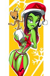 1boy 1girls 2d alien alien_girl alien_look_like_human areola_slip bare_shoulders big_breasts black_eye busty choker christmas cleavage corset curvy detailed_background duo eyeliner female fingerless_gloves footwear front_view gamora gloves green-skinned_female green_skin groot guardians_of_the_galaxy hair_ornament hat holding_object hourglass_figure humanoid legwear lingerie long_hair looking_at_viewer manic47 marvel marvel_comics midriff open_mouth pose posing red_footwear red_gloves red_stockings santa_hat shiny shiny_skin smiling standing stockings thong two_tone_hair underwear voluptuous wide_hips