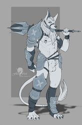 anthro armor balls fleet-foot full-length_portrait full_length grey_background male_only nipple_piercing nipples penis piercing rod simple_background solo staff standing trident unknown_species wand weapon wolf