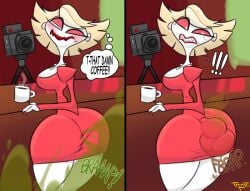 accident beverage blonde_hair blush camera clothing coffee coffee_mug demon dress english_text exclamation_point fart fart_fetish feces feces_bulge female hair hazbin_hotel hellaverse hi_res humanoid jewelry katie_killjoy lipstick looking_back makeup necklace onomatopoeia red_clothing red_dress red_eyes red_lipstick red_sclera scat sequence slim small_waist soiling solo sound_effects teasyrat text thought_bubble white_body