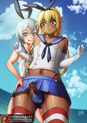 2boys balls balls_in_panties blush crossdressing dark-skinned_femboy dark-skinned_male dark_skin erection erection_under_clothes femboy girly kantai_collection male male_only panties penis penis_under_clothes penis_under_skirt shimakaze_(kantai_collection) skirt testicles thighhighs trap tulmoongchi upskirt