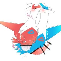 anthro blush censored clitoris closed_eyes ecru egg egg_laying female japanese_text kissing latias latios legendary_pokémon male nintendo penis pokemon pokemon_(species) pussy pussy_juice saliva simple_background straight text video_games white_background