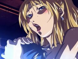00s 1boy 1girls 2004 animated bible_black bible_black_new_testament blonde_hair blush breasts cowgirl_position earrings face_between_breasts female high_ponytail implied_sex jewelry lipstick male nude oshima_takeshi perfect_loop ponytail purple_eyes saeki_kaori shin_bible_black shiny_skin sweat tagme vice_principal
