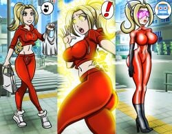 absurdres antenna before_and_after blonde_hair bodysuit breasts bubble_butt emoji empty_eyes expressionless female female_only femsub hypnotic_accessory large_breasts latex original robotization tech_control zorro-zero