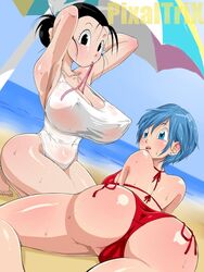 2girls ass beach black_eyes black_hair blue_eyes blue_hair blush blushing breasts bulma_briefs busty chichi cleavage dat_ass dragon_ball dragon_ball_super large_ass large_breasts lying_on_stomach milf pixaltrix sea swimsuit voluptuous