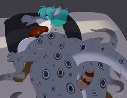 anthro ass bed big_breasts big_butt blue_hair breasts cephalopod female fish grey_skin hair hybrid lying marine octopus overweight penis revadiehard shark sharktopus slightly_chubby spots