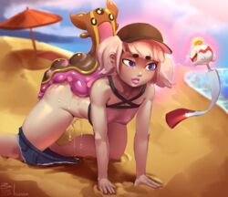 2017 5_fingers all_fours ass beach beach_umbrella bikupan breasts chimecho clothed clothing cloud female feral fingers freckles from_behind_position gastrodon gastropod group hair human hypnosis interspecies mammal mind_control nintendo open_mouth outside pokemon pokemon_trainer pokephilia purple_eyes sand seaside sex short_hair shorts_pull sky slime slime_monster slug small_breasts spiral_eyes video_games water west_gastrodon white_hair