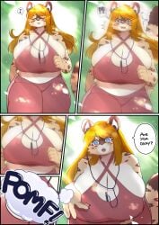 !? anthro arizel big_breasts breasts cleavage closed_eyes comic dialogue english_text female fur furry furry_only solo tagme tail text underchikichan