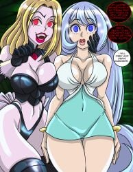 2girls absurdres big_breasts blonde_hair blue_eyes blue_hair bracelet breasts camie_utsushimi cleavage corruption dress expressionless fangs female female_only femdom femsub fit fit_female glowing glowing_eyes grey_skin huge_breasts hypnosis hypnotized_hypnotist jewelry large_breasts large_lips lipstick long_hair looking_at_viewer mind_control my_hero_academia nejire_hado open_mouth puckered_lips red_eyes short_hair smile spiral_eyes standing standing_at_attention super_hero symbol_in_eyes text thick_thighs thighs vampire very_long_hair wide_hips zorro-zero